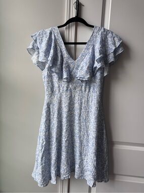 Light Blue Ruffled Mini Dress with Floral Print
